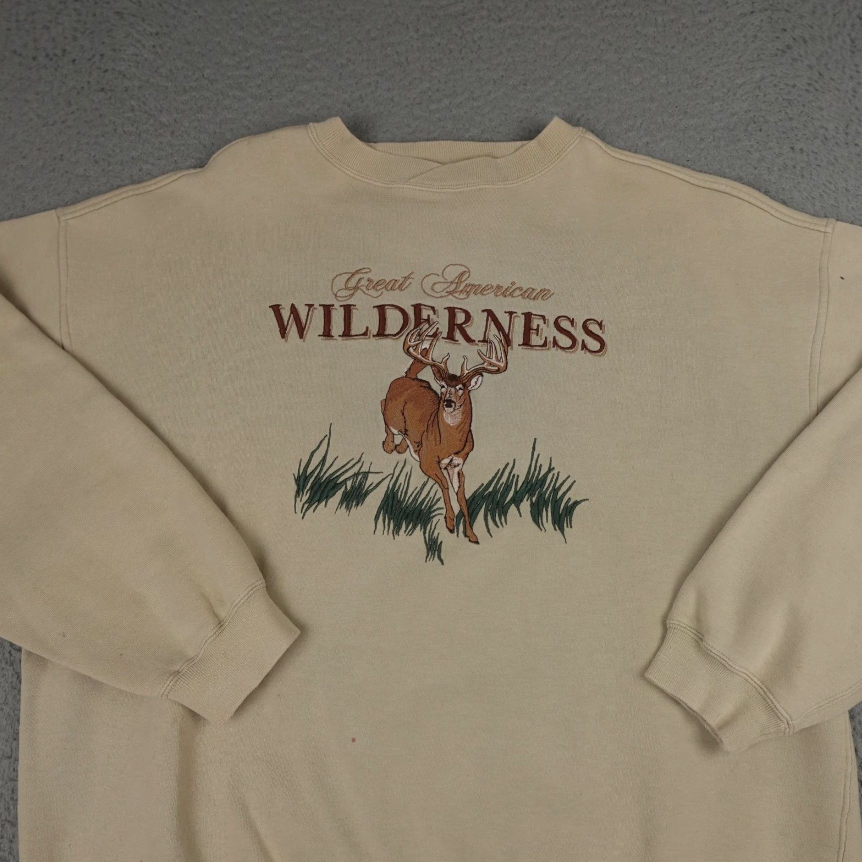 Greats VINTAGE Lost Terrain Sweatshirt Mens XL Beige Graphic Print Embroidered Deer Outdoor Nature Animals Pullover Crew Neck Cotton Polyester Fleece Size US XL / EU 56 / 4 - 3 Thumbnail