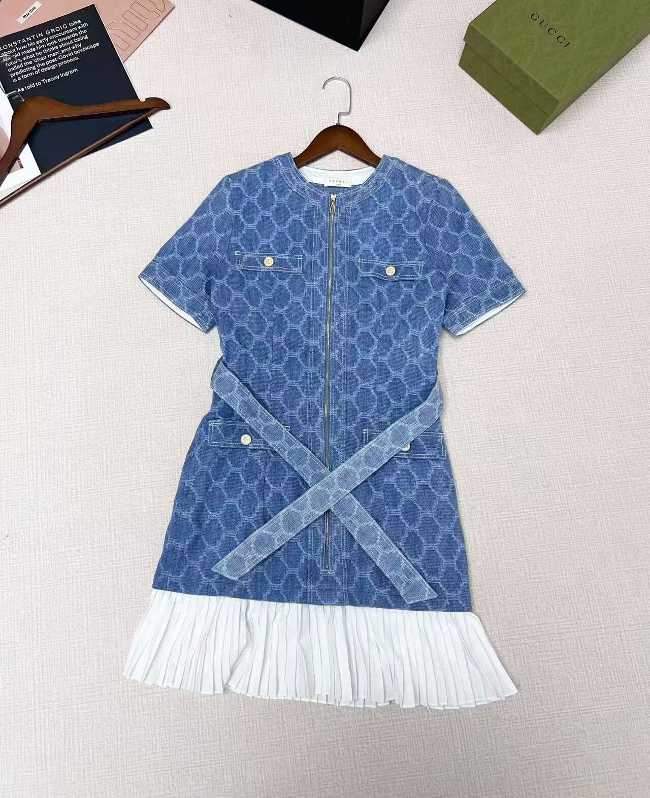 Pleated Denim Dress with Belt