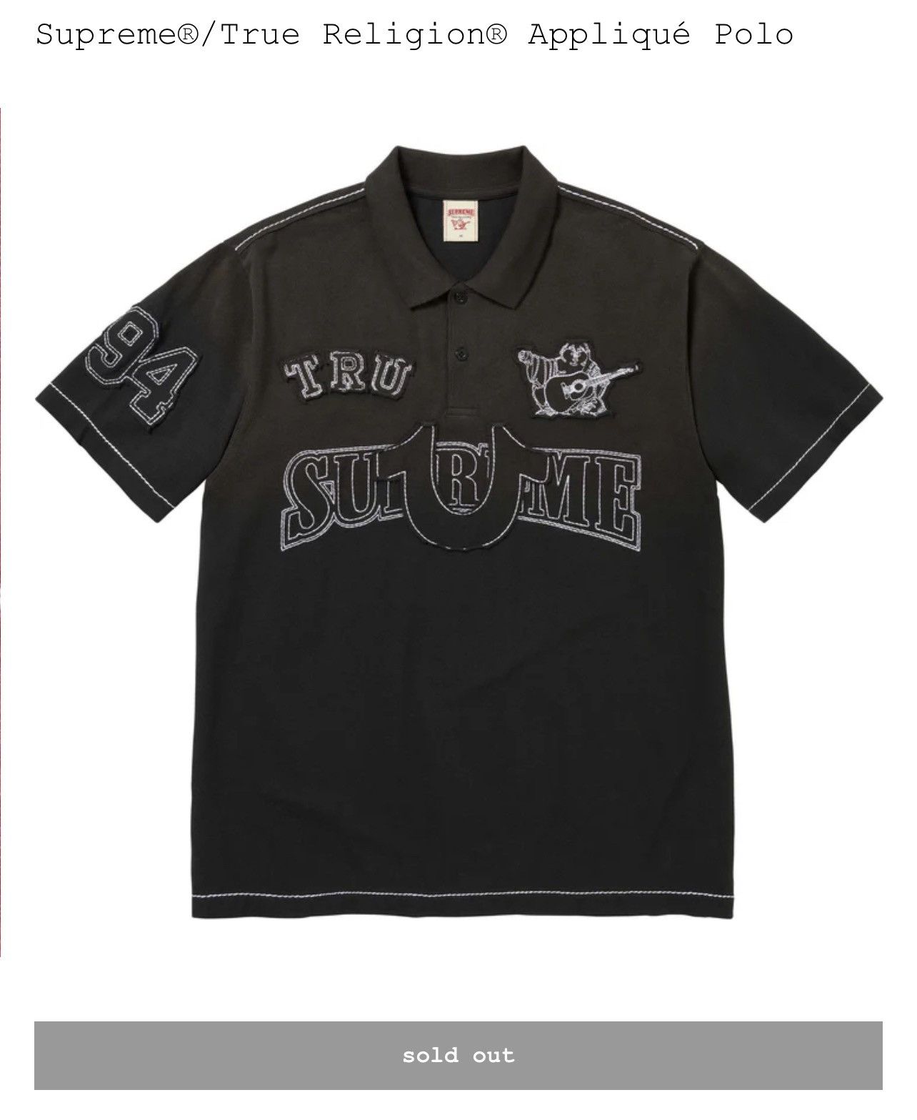 Supreme × True Religion Supreme/ True Religion Appliqué Polo Black