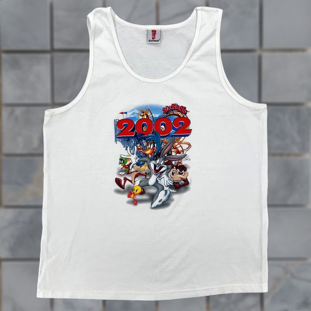 Vintage VTG SIX FLAGS LOONEY TUNES TANK TOP T-Shirt XL Theme park roller coaster Shirt Mens Vintage 90s 80s White Cotton Sleeveless Nike Size US M / EU 48-50 / 2 - 1 Thumbnail
