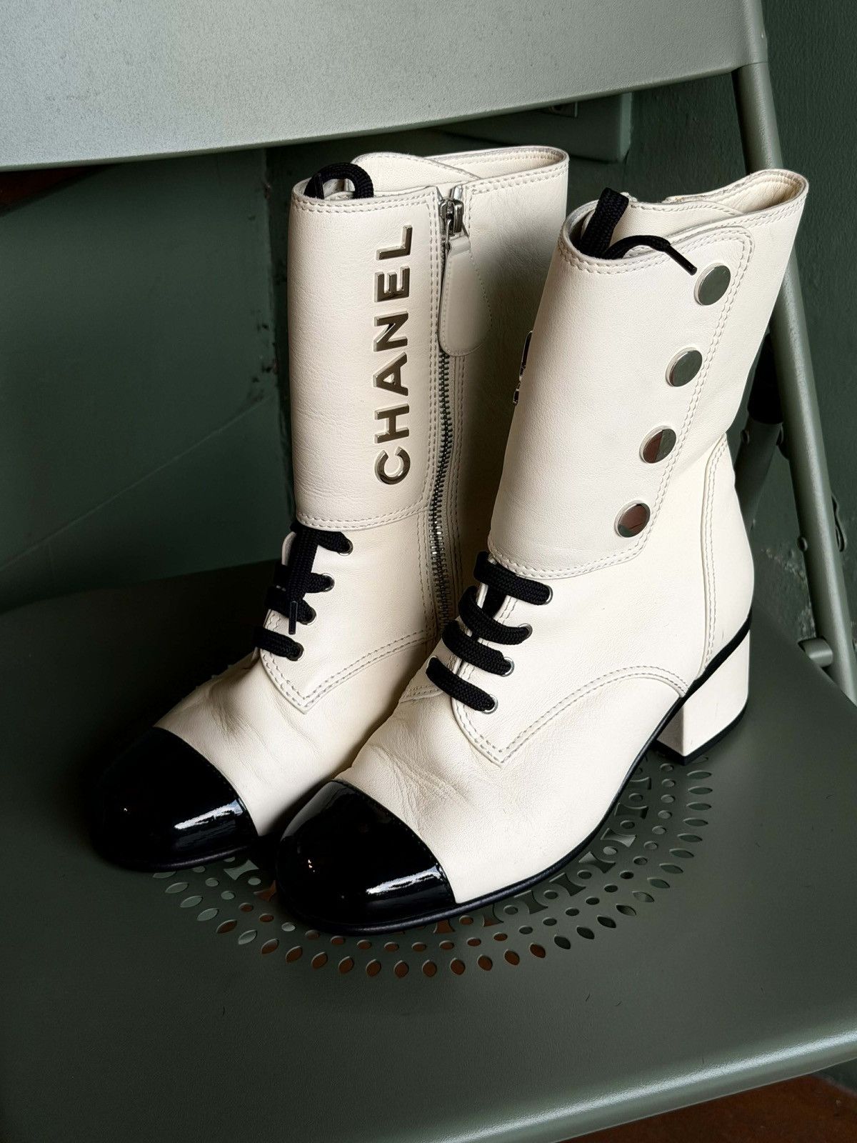 Chanel Chanel 19B Two Bone Signature Logo Lace-up Leather Boots Size US 7 / IT 37 - 1 Thumbnail