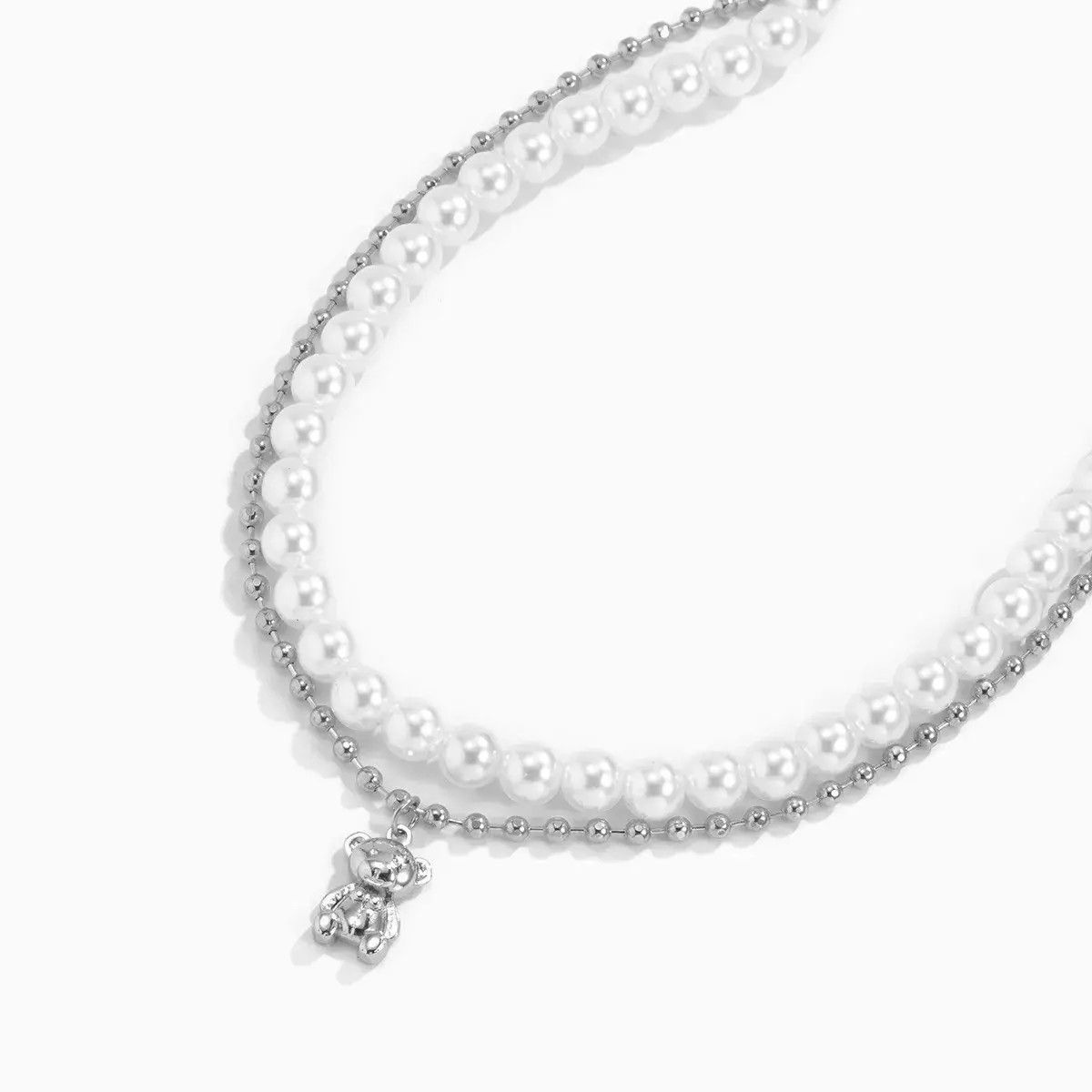 Jewelry Double Layer Pearl Bear Necklace Silver Necklace Size ONE SIZE - 2 Thumbnail