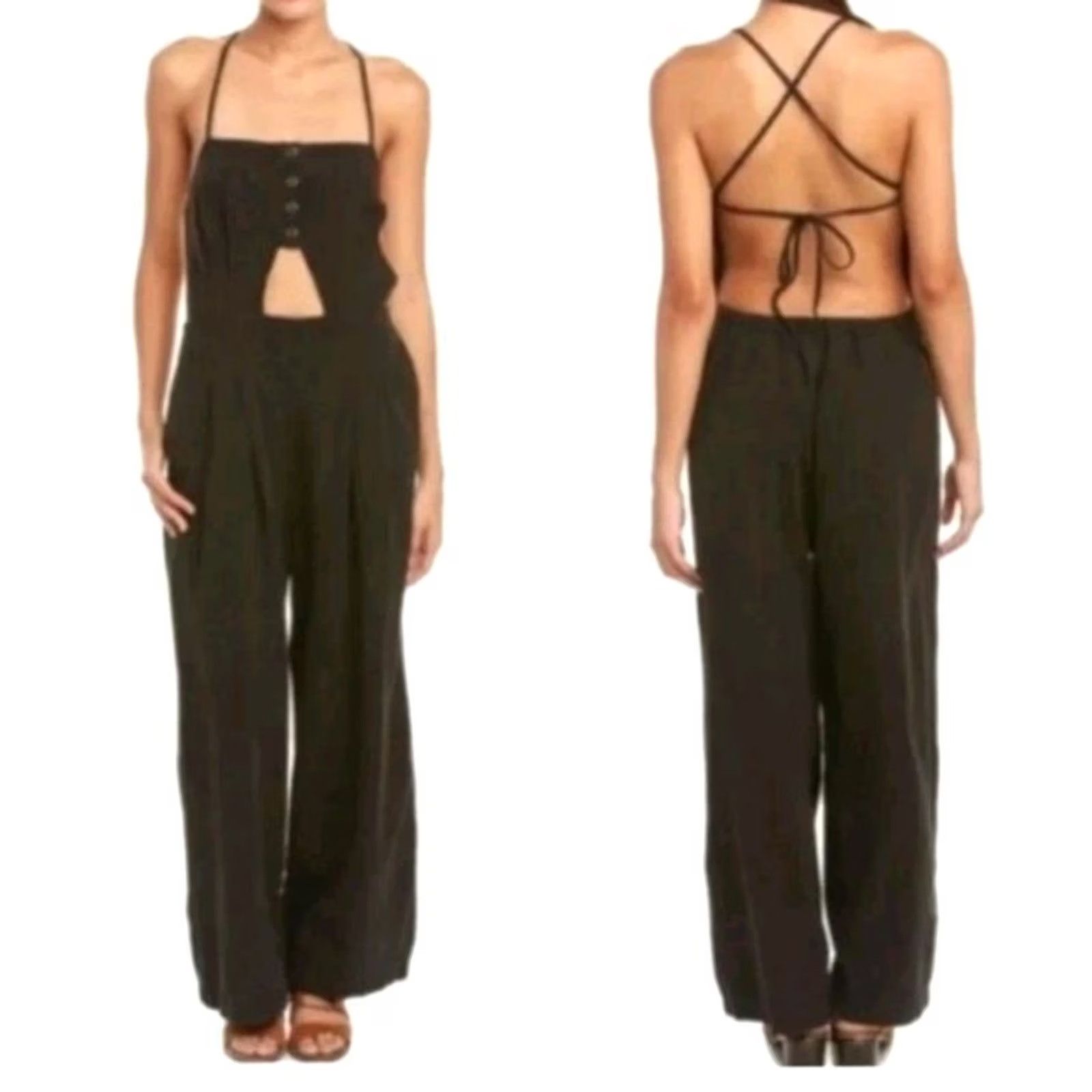 Free People VINTAGE? No — Free People Marbella Black Linen Wide Leg Jumpsuit L Womens Bohemian Beach Festival Summer Size 36" / US 14 / IT 50 - 3 Thumbnail