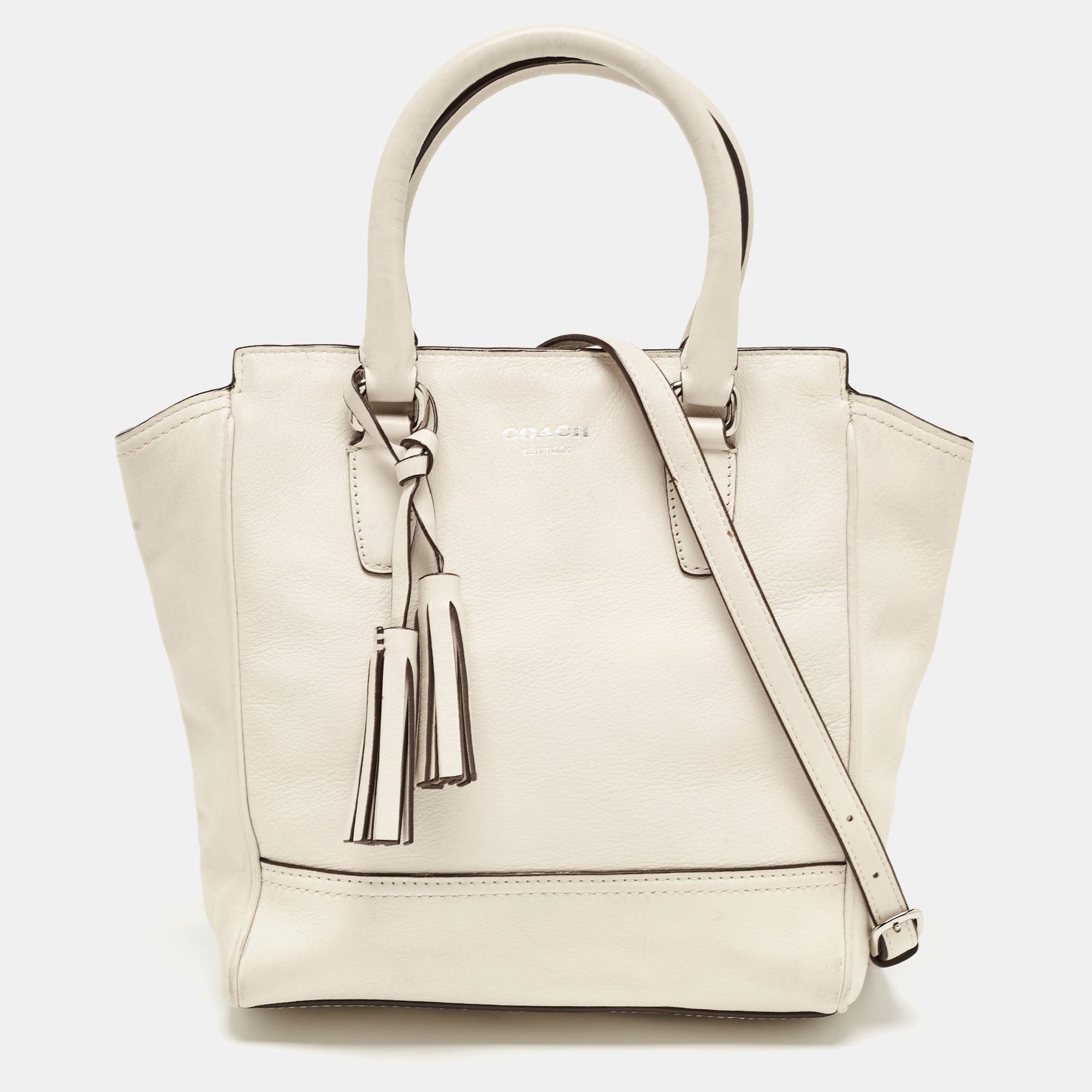 image of Coach Off White Leather Legacy Tassel Tote, Women's