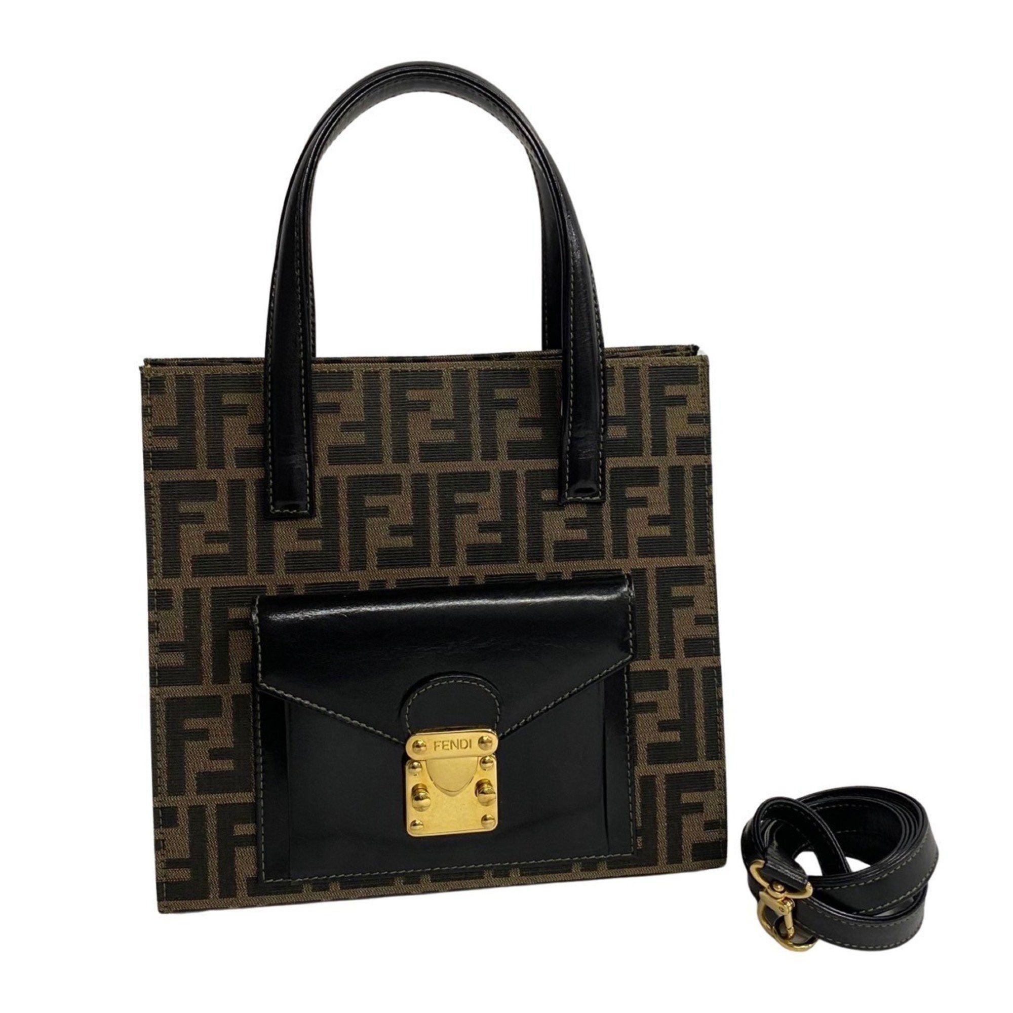 image of Fendi Zucca Ff Pattern Metal Fittings Leather Canvas 2Way Shoulder Bag Handbag Black 16898, Women's