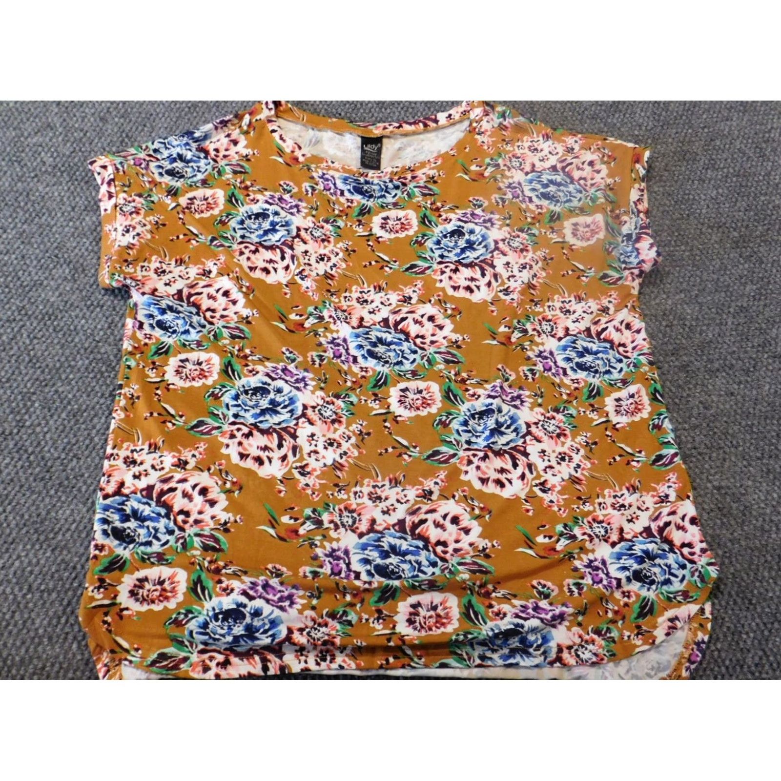 Vintage Lildy Womens Blouse L Orange Floral Stretch Top Crew Neck Short Sleeve Pullover Casual Regular Polyester Rayon Button-Up Vintage No Size L / US 10 / IT 46 - 2 Thumbnail