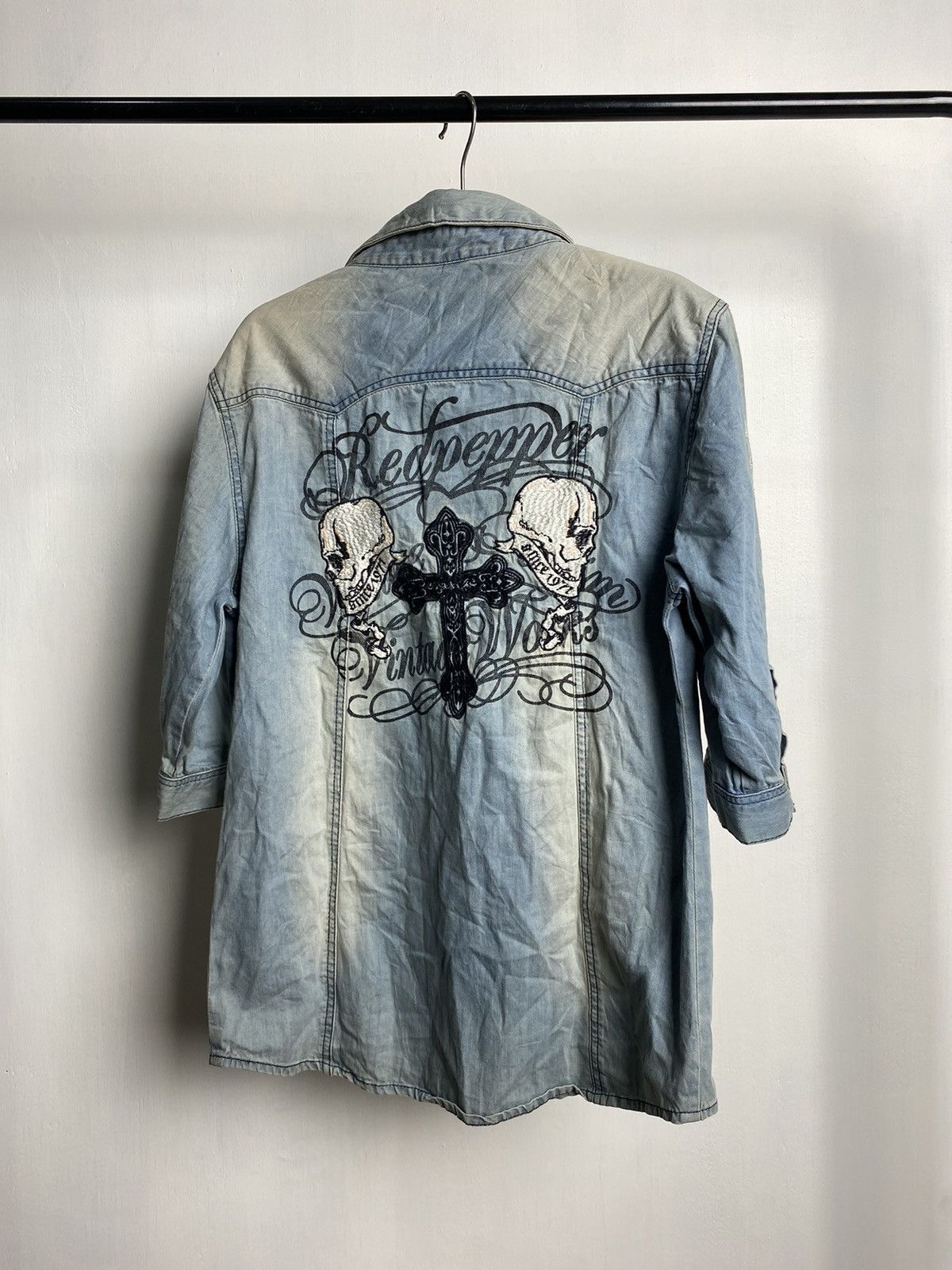 image of 14Th Addiction x Avant Garde Semanticdesign Red Pepper Half Sleeve Shirt in Blue White (Size Medium