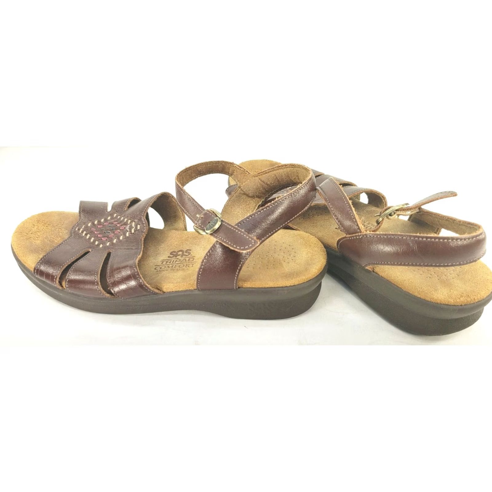 SAS SAS Sandals Brown Leather Open Toe Buckle Size 6.5W Diamond Weave Casual Comfort Women Tripad Size US 7 / IT 37 - 5 Thumbnail