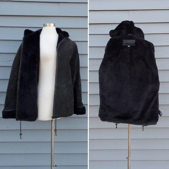 Vintage Vintage 90s y2k Black Suede Leather Faux Fur Lined Hood Coat Size S / US 4 / IT 40 - 2 Thumbnail