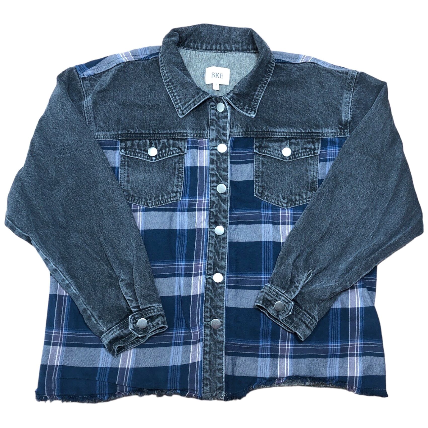 Vintage BKE Jacket Womens Medium Denim Plaid Boho Trucker Black Blue Casual Travel Shirt Jacket Womens M Black Denim Plaid Bohemian Classic Biker Collared Size 32" / US 10 / IT 46 - 2 Thumbnail