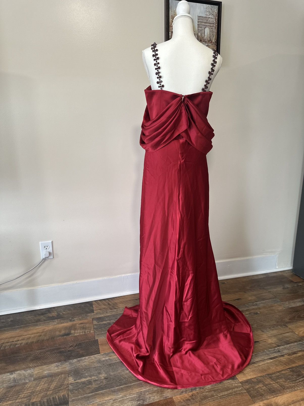Other Ozgur Masur Elegant Red Plunge Dress with Embellished Straps Size L / US 10 / IT 46 - 7 Thumbnail