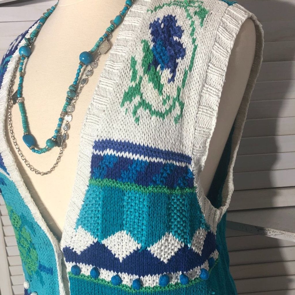 Vintage 90s granny's vest cotton knitted teal blue ocean theme XL Size XL / US 12-14 / IT 48-50 - 9 Thumbnail