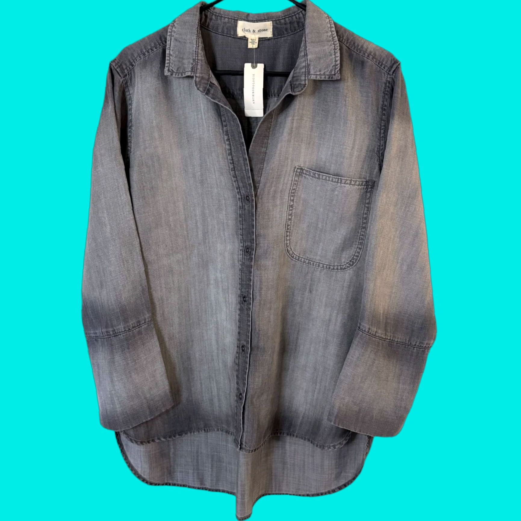 Anthropologie Cloth & Stone by Anthropologie Chambray Shirt Gray Women's Large Lyocell Button-Down Casual Pockets Size L / US 10 / IT 46 - 1 Thumbnail
