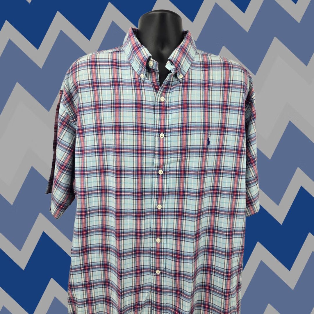 Ralph Lauren Button-Down Shirt Mens 2XL Blue Red Plaid Short Sleeve Pocket 2XL, Men's (Size 48r)
