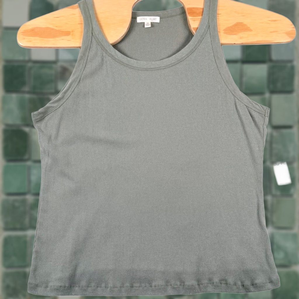 Vintage Ultra Flirt Tank Top Sage Green Washed Ribbed Scoop Neck Basic Summer 3X Womens Sleeveless Casual Shirt Women’s Plus Size Size XXL / US 16-18 / IT 52-54 - 1 Thumbnail