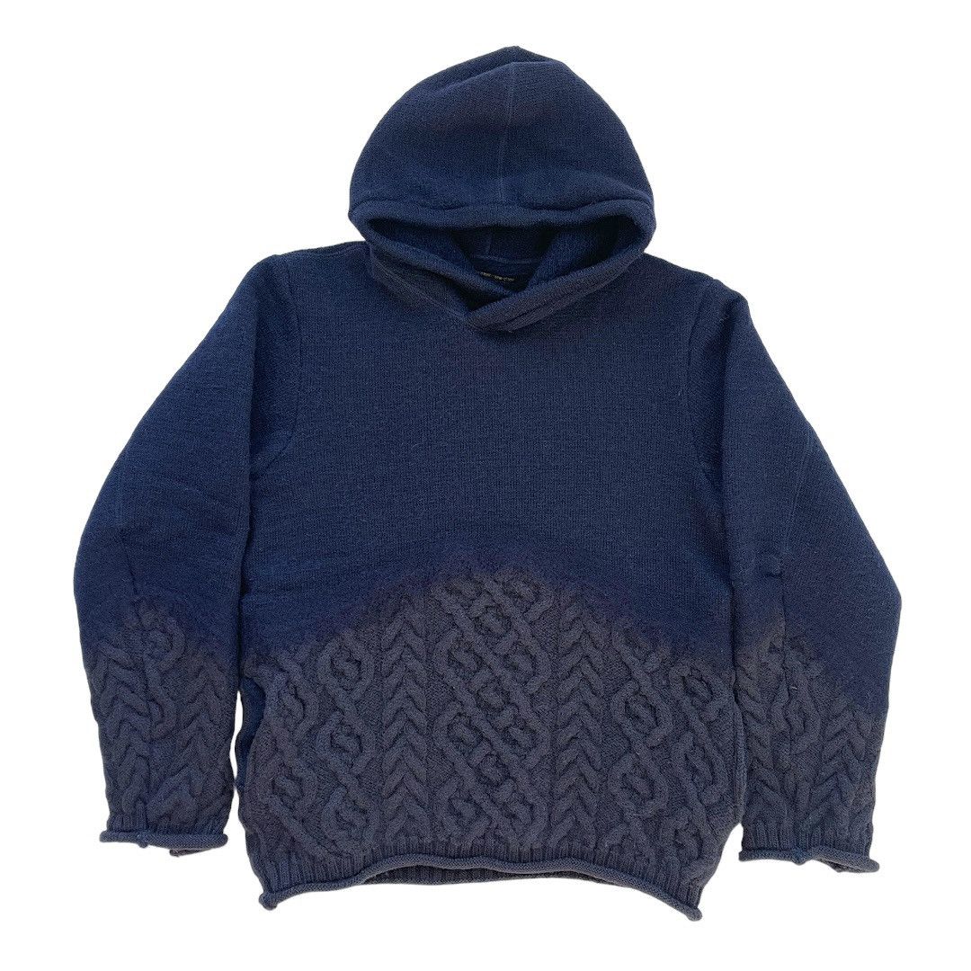 image of Talking About The Abstraction Gradient Texture Hybrid Hair Cable Knit Hoodie in Navy (Size Medium)