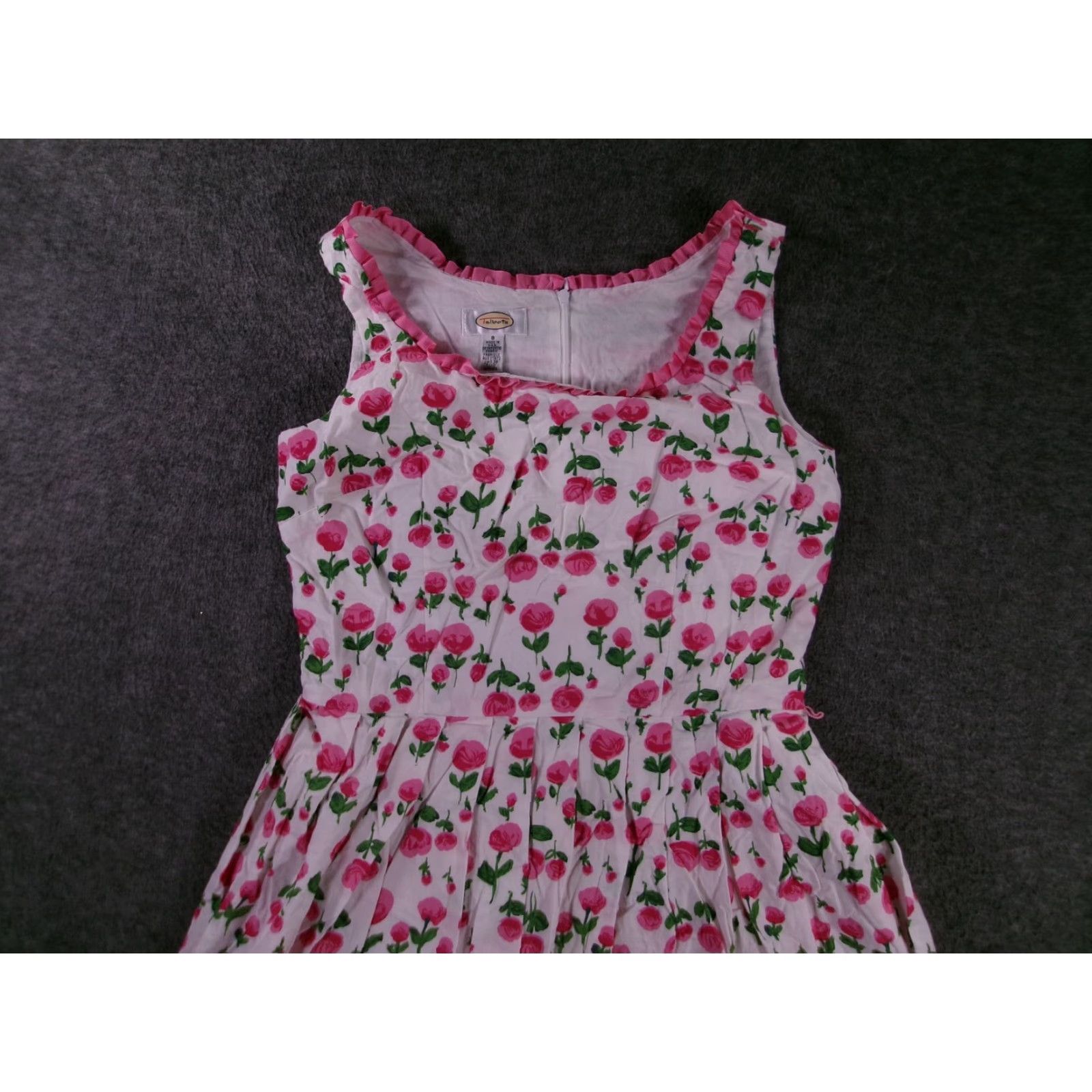 Talbots VINTAGE Talbots Dress Women 8 White Pink Floral Ruffle Trim Fit & Flare Casual Summer Sleeveless Knee Length USA Size M / US 6-8 / IT 42-44 - 2 Thumbnail