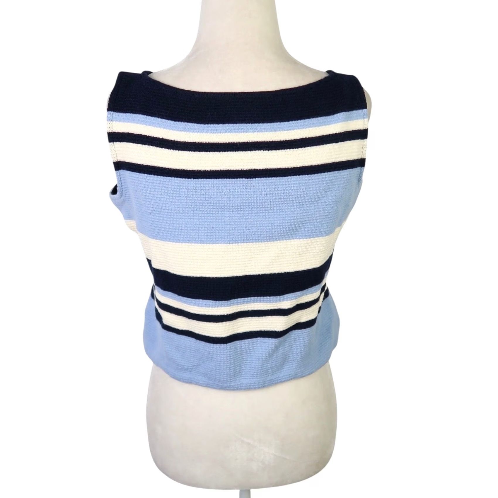 St. John VINTAGE St. John Sport Knit Sweater Tank Top 90s Stripe Sleeveless Women Size 6 Blue Cream Navy Striped Pullover Size M / US 6-8 / IT 42-44 - 4 Thumbnail