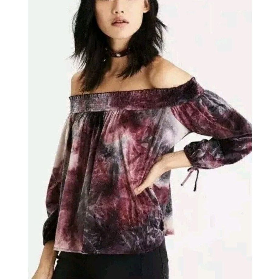 American Eagle Outfitters AEO Size L Off-Shoulder Floral Tie Dye Velvet Crop Top Size L / US 10 / IT 46 - 1 Thumbnail