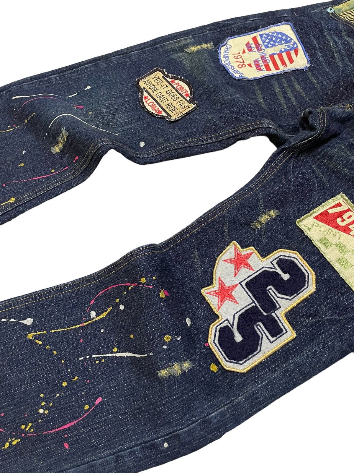 Point Loma Japan Patched Distressed Paint Splatter Jeans