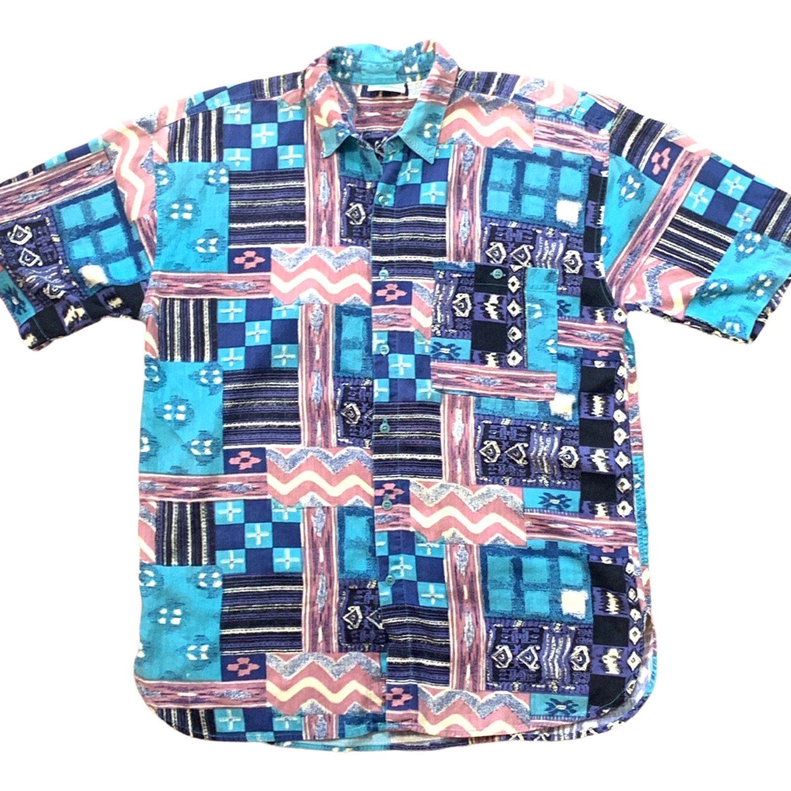 Vintage Vintage Van Heusen 90s Patchwork Button Up Shirt Turquoise Size US L / EU 52-54 / 3 - 8 Thumbnail