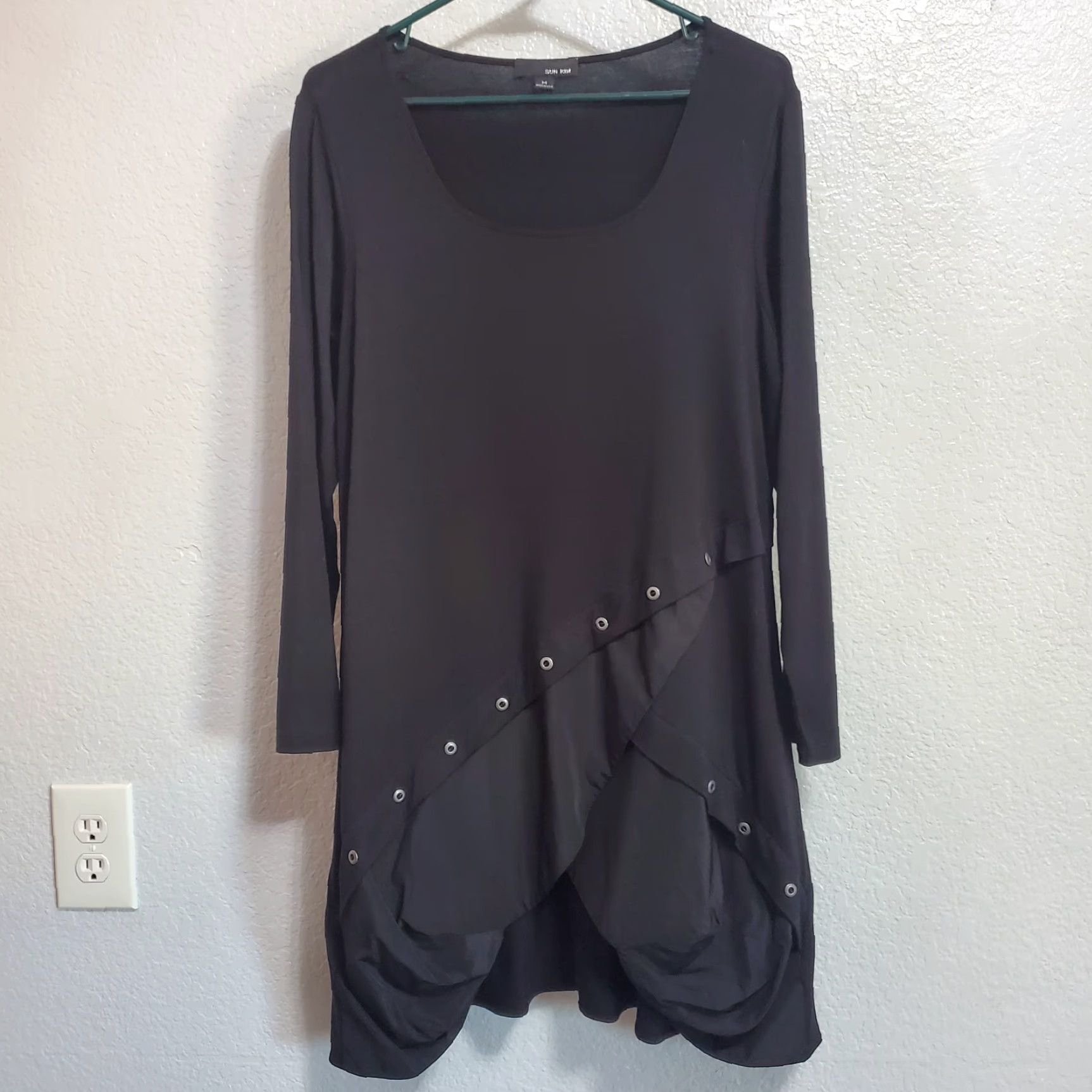 Vintage Sun Kim Tunic Top Women M Black Asymmetrical Bubble Hem Stretch Lagenlook USA Size M / US 6-8 / IT 42-44 - 2 Thumbnail