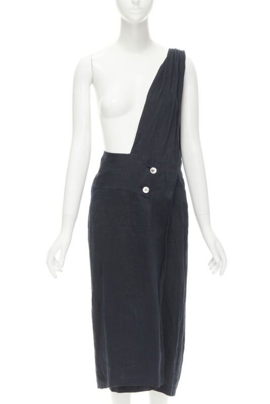 Comme des Garcons COMME DES GARCONS Vintage black linen one shoulder sash button dungaree skirt S Size 26" / US 2 / IT 38 - 1 Thumbnail