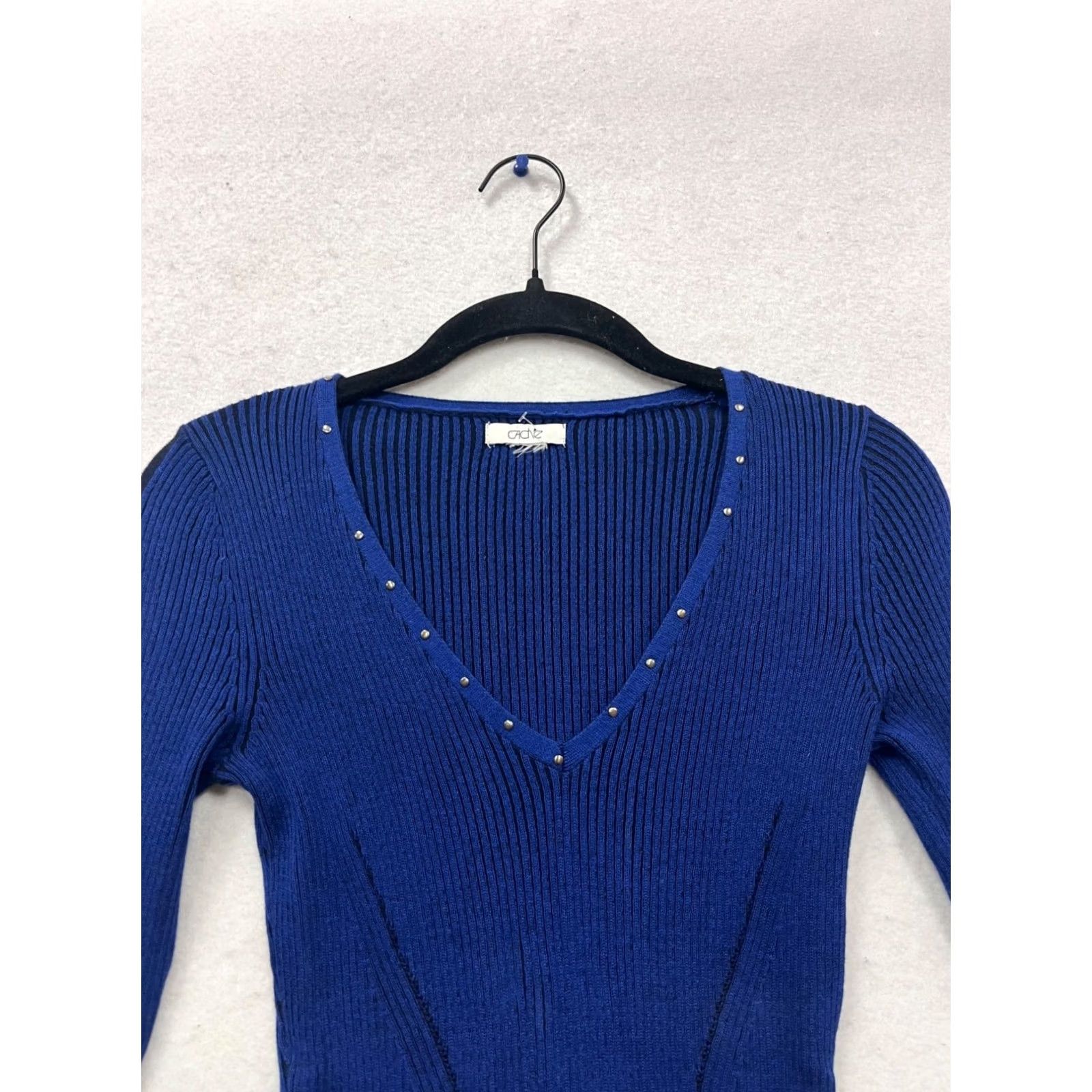 Vintage Cache Blue Ribbed V-Neck Long Sleeve Sweater Dress Womens S Studded Neckline Ribbed Texture Bodycon Short Dress Size S / US 4 / IT 40 - 6 Thumbnail