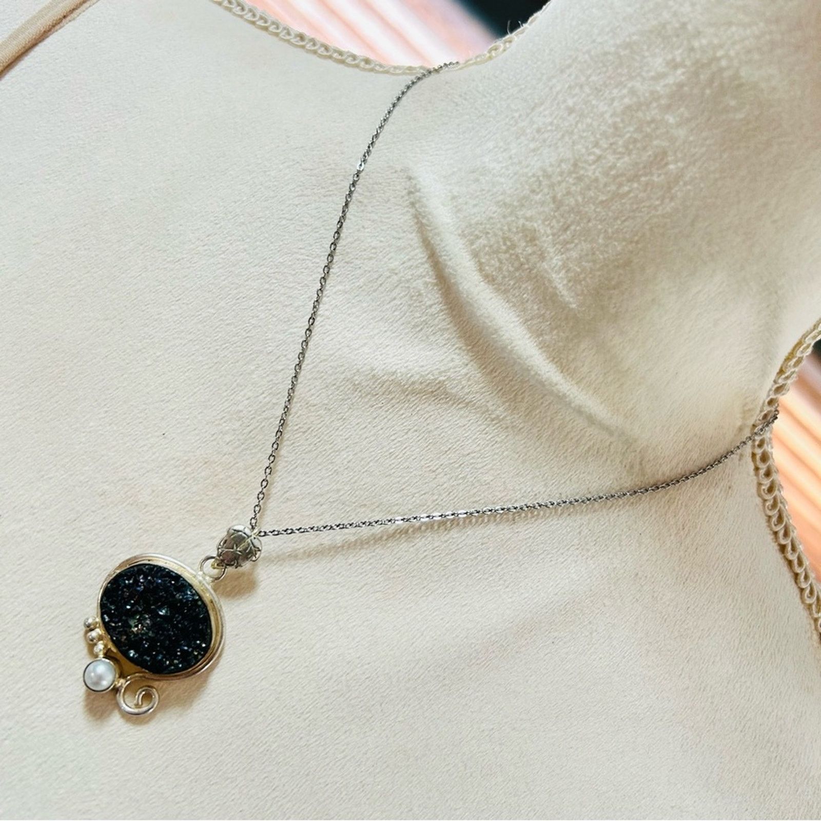 Handmade Handcrafted moissanite druzy genuine pearl pendant necklace Size ONE SIZE - 2 Thumbnail