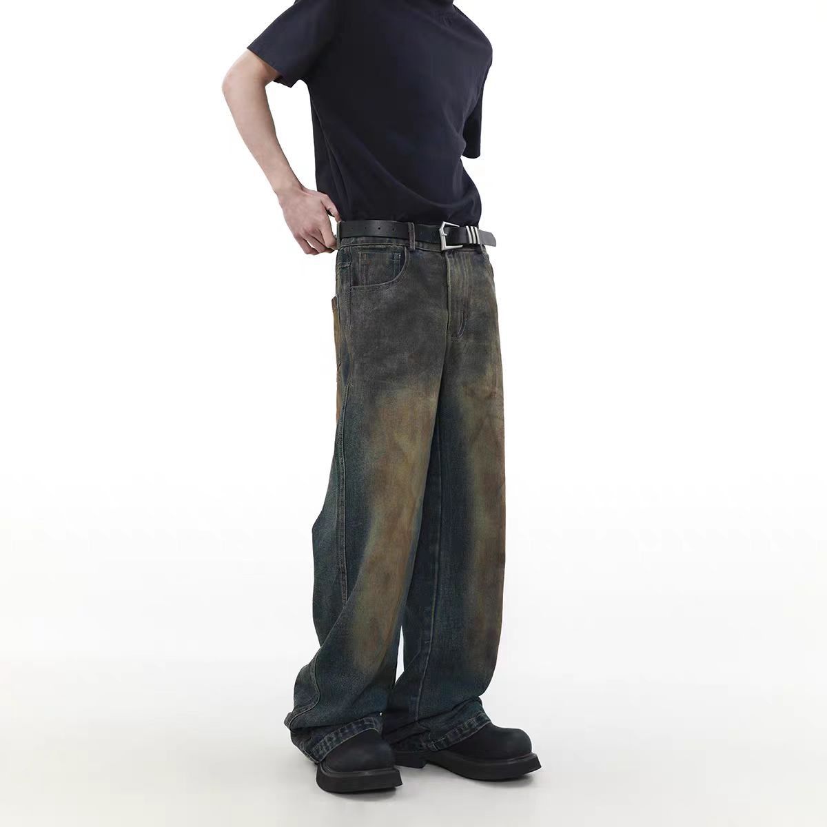 Japanese Brand × Jean Dirty Dye Straight Leg Wide Leg Vintage Jeans Size US 33 - 4 Thumbnail