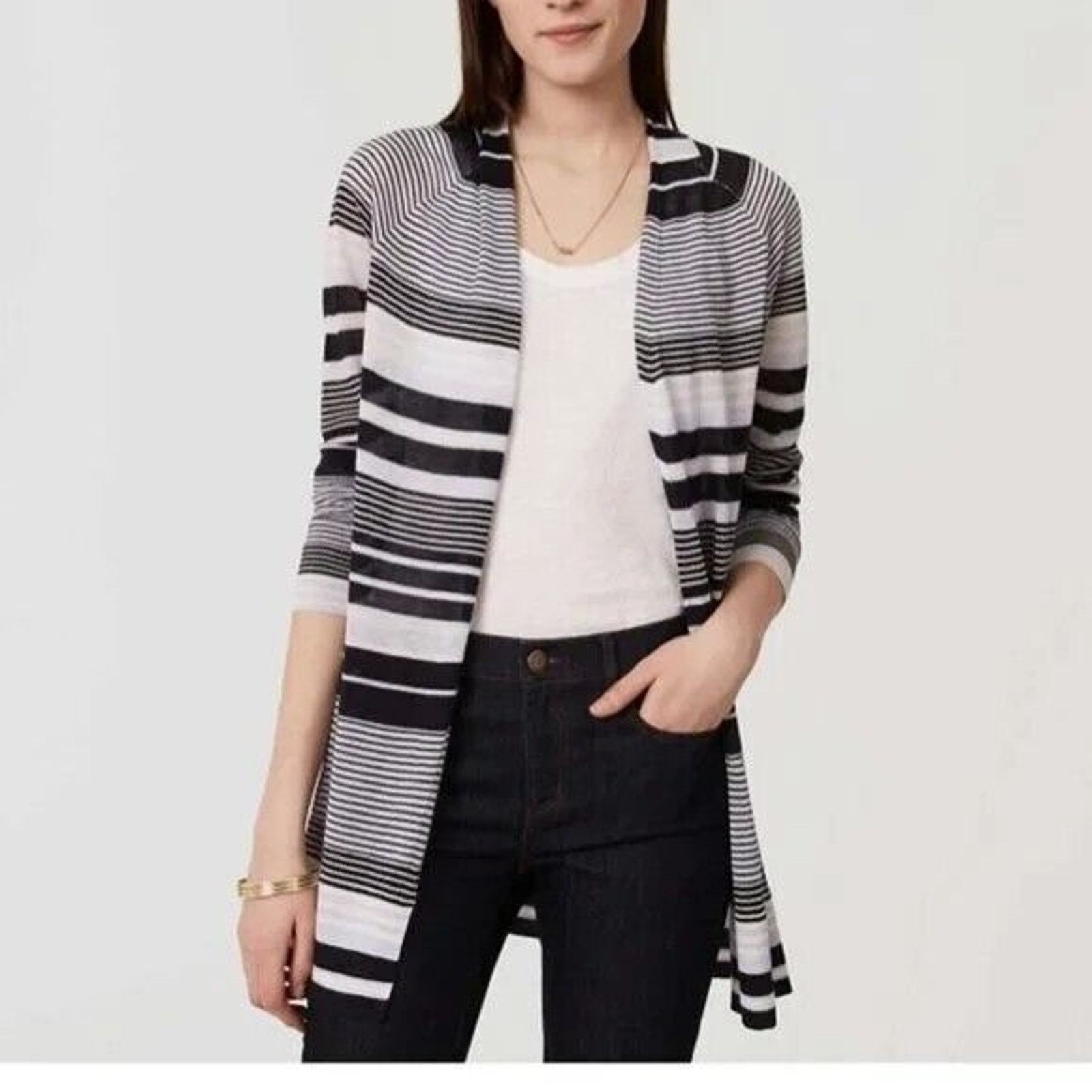 Loft Loft Stripe Open Long Cardigan Lightweight Blue White Large Size L / US 10 / IT 46 - 1 Thumbnail