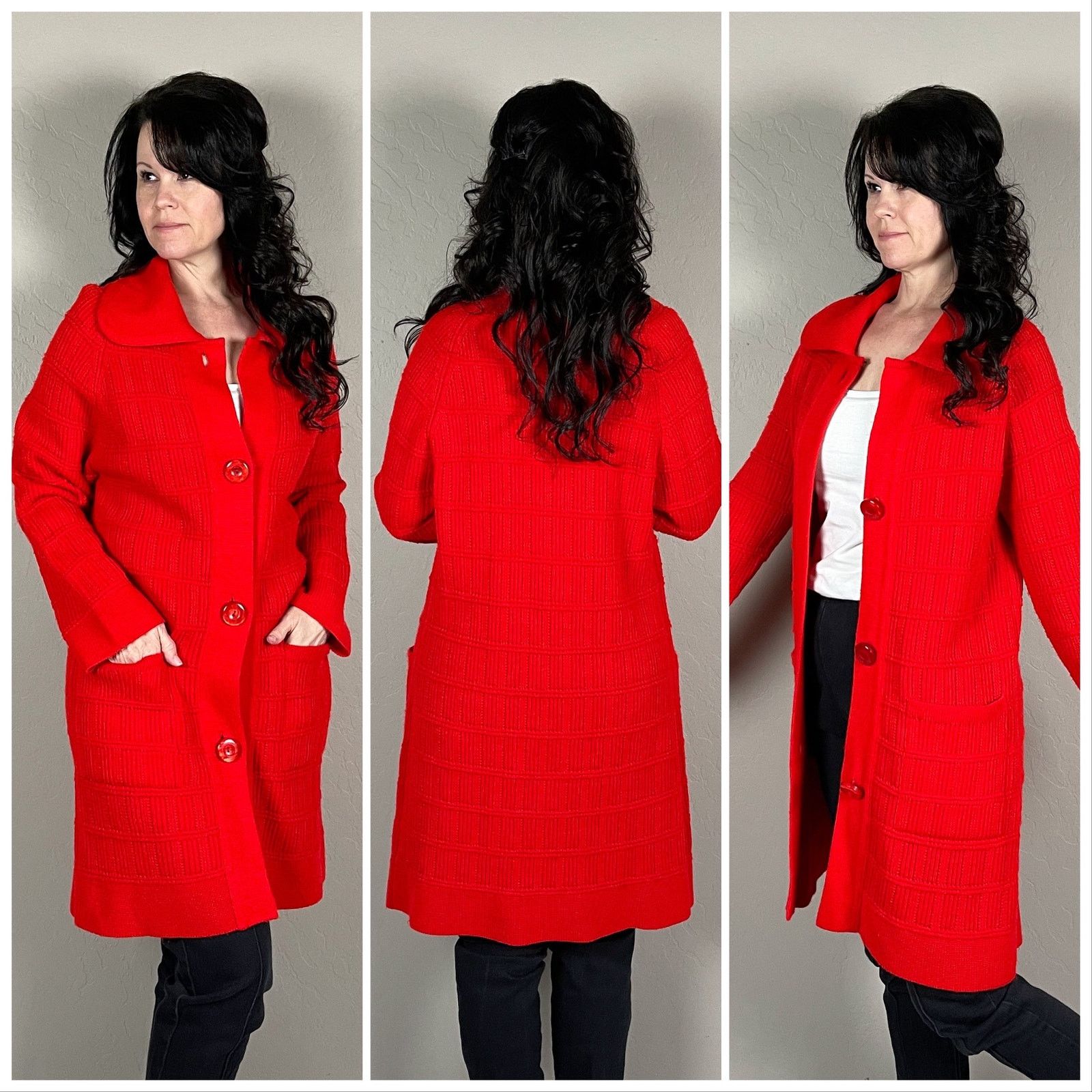 Vintage Vintage 1970s Red Chunky Knit Duster Cardigan Sweater Size M / US 6-8 / IT 42-44 - 2 Thumbnail