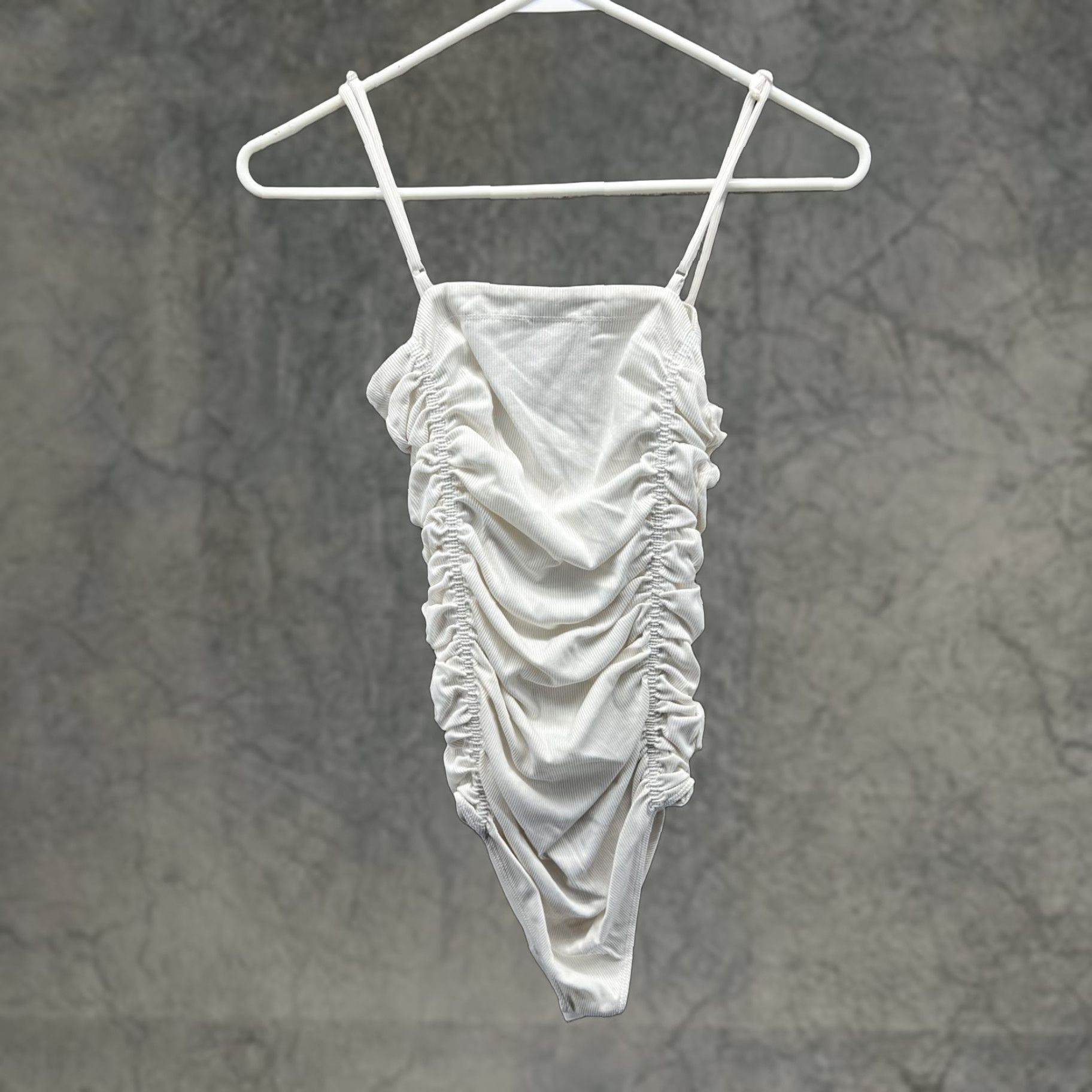Free People Free People Bodysuit Womens Small White Ruched Adjustable Strap Ribbed Stretch Size S / US 4 / IT 40 - 1 Thumbnail