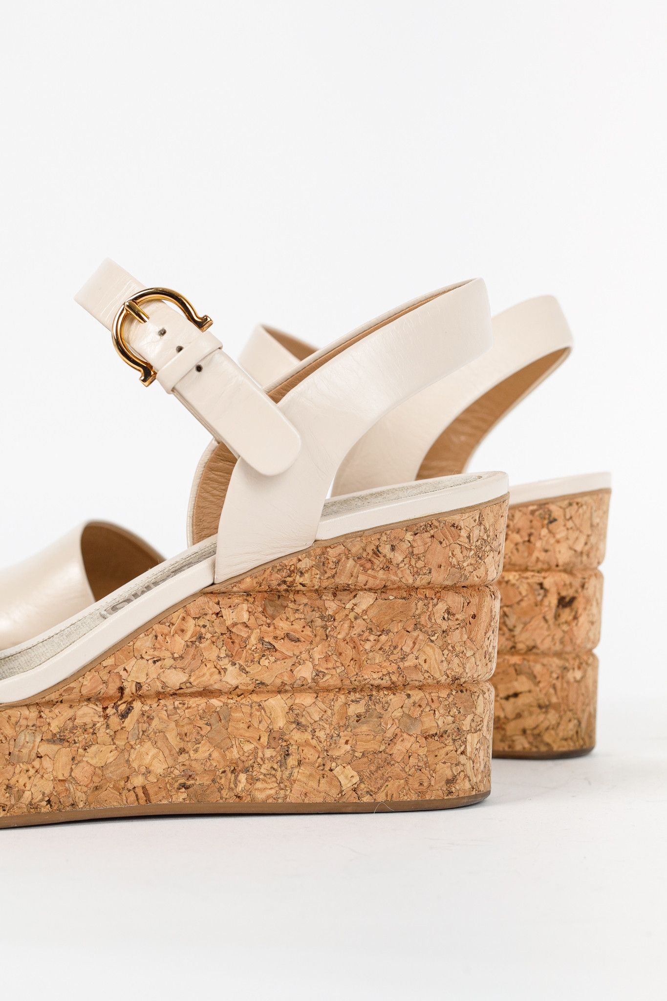 Salvatore Ferragamo Salvatore Ferragamo Madea Cream Leather & Cork Wedge Sandals Size US 8 / IT 38 - 7 Thumbnail
