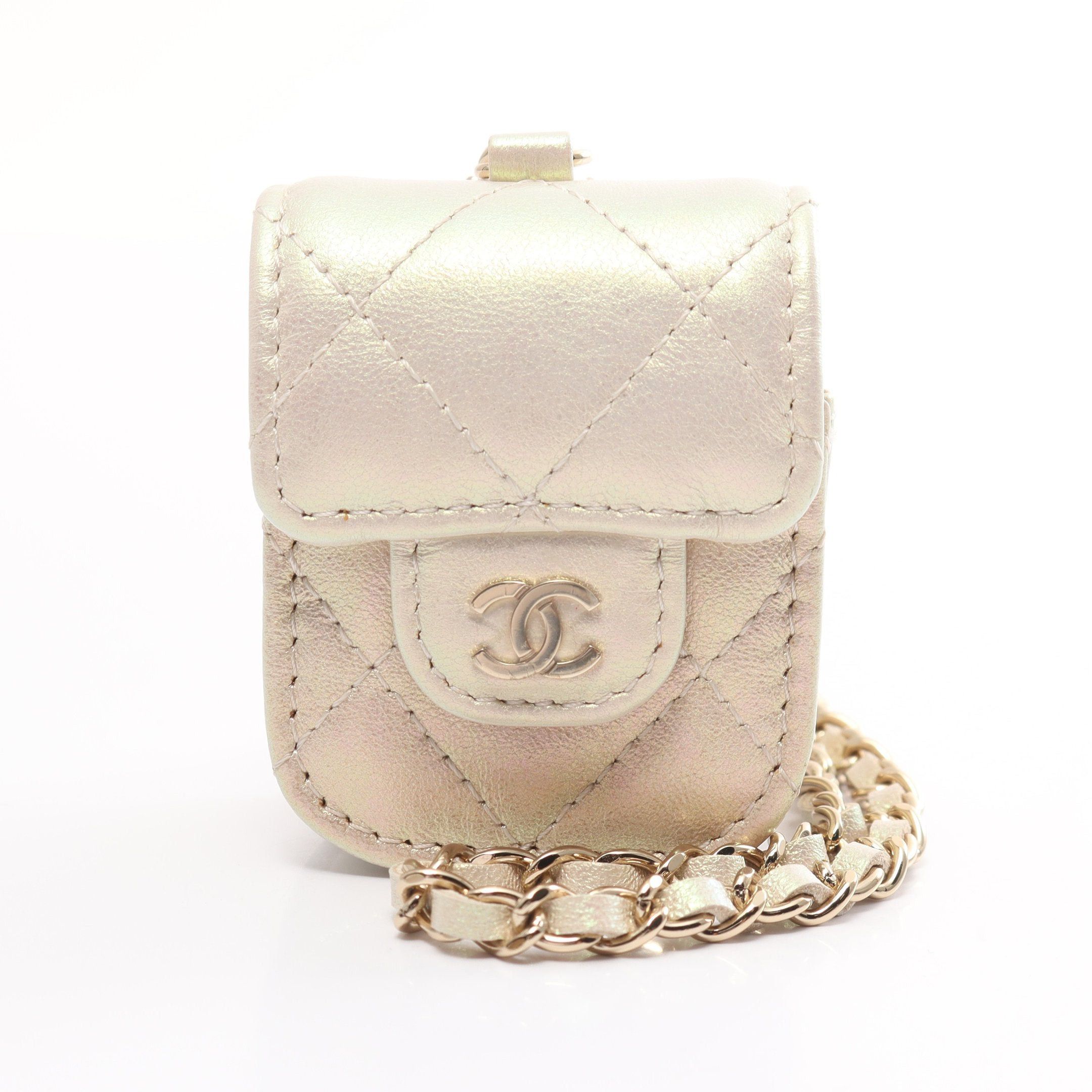 image of Chanel Matelasse Airpods Case Earphone Case Lambskin Off White Champagne Gold Hardware Metallic, Wo