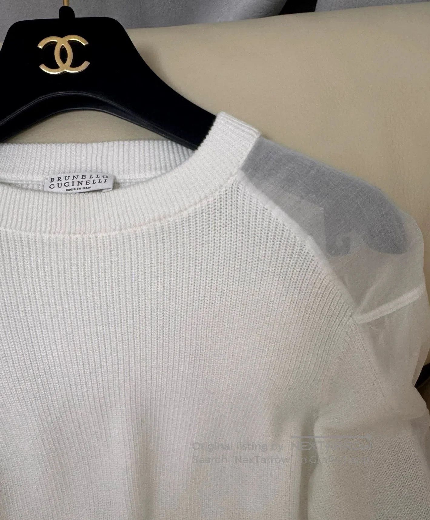 Brunello Cucinelli white knit top with mesh sleeves. Size US XS / EU 42 / 0 - 4 Thumbnail