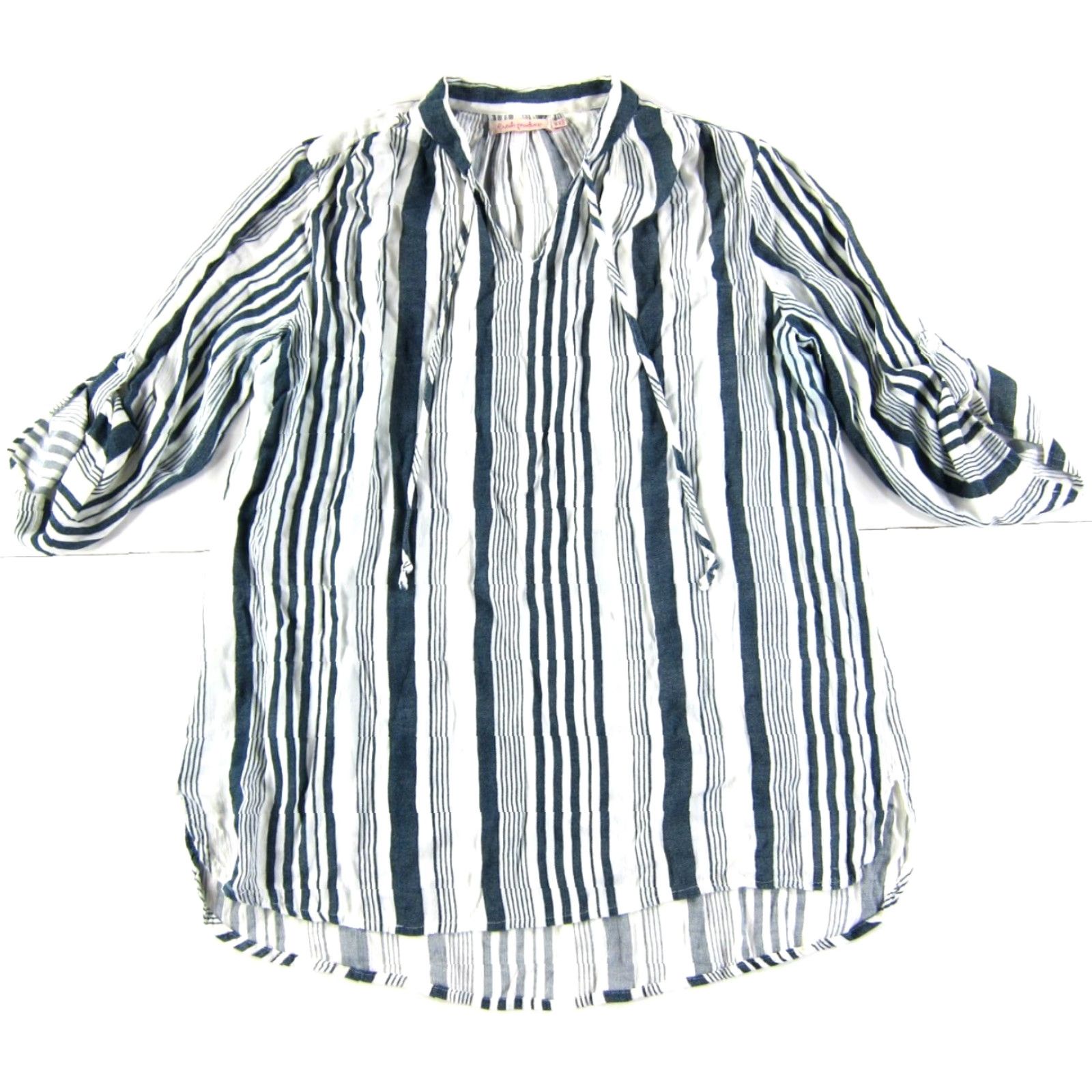 Vintage Fresh Produce Blouse M/L 3/4 Sleeve V-Neck Tunic Blue White Stripe Rayon Womens Size M / US 6-8 / IT 42-44 - 2 Thumbnail