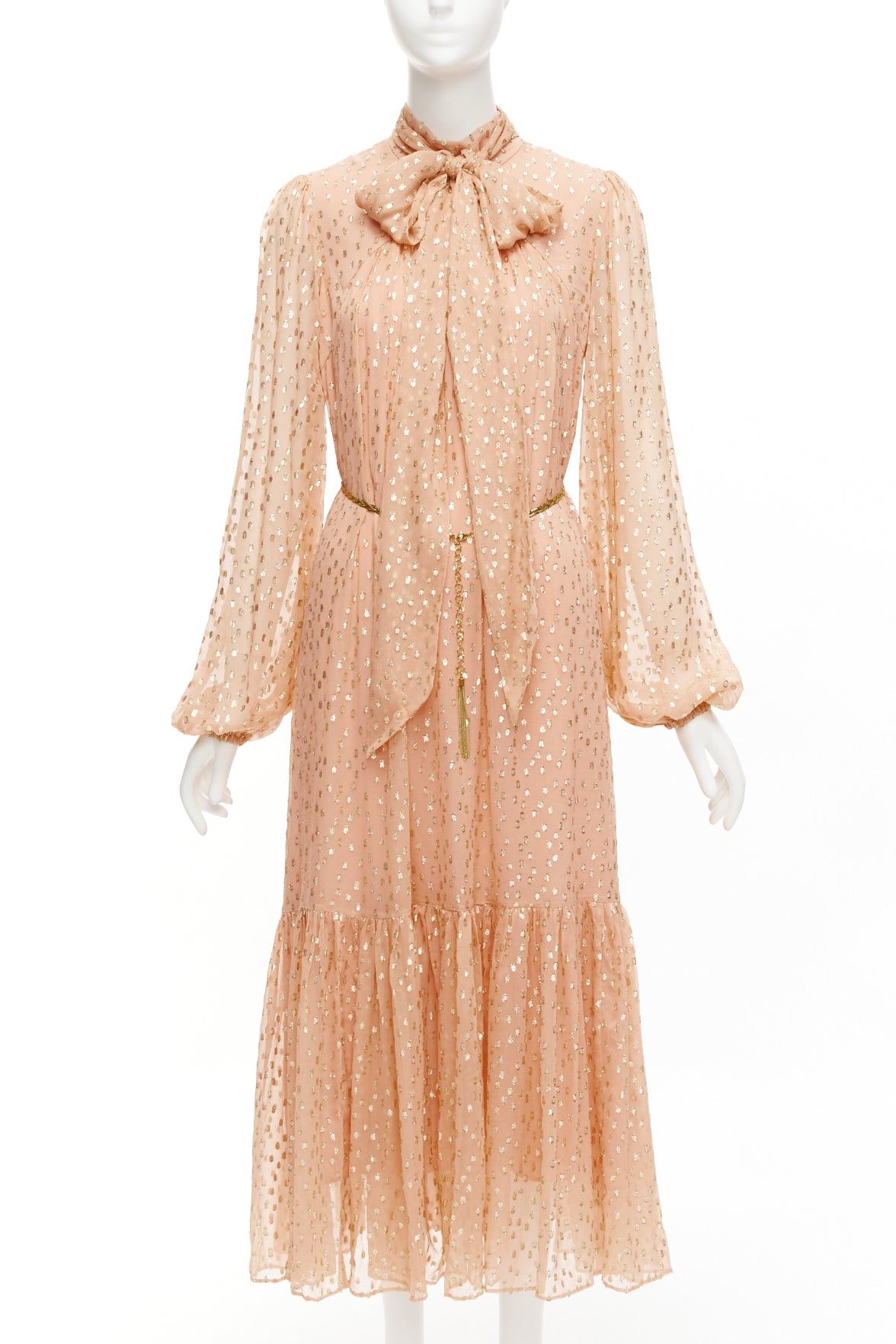 image of Zimmermann Pink Gold Silk Lurex Chiffon Bow Tie Neck Ethereal Midi Dress Size 1 Xs, Women's