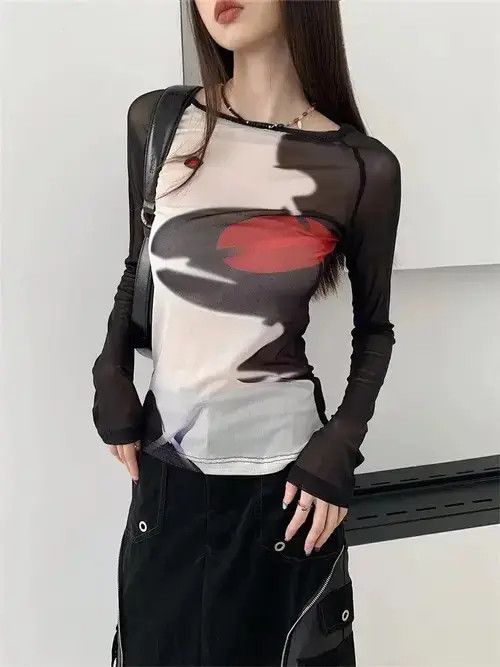 Japanese Brand Y2K See Through Mesh Tops Women Long Sleeve Size ONE SIZE - 1 Thumbnail