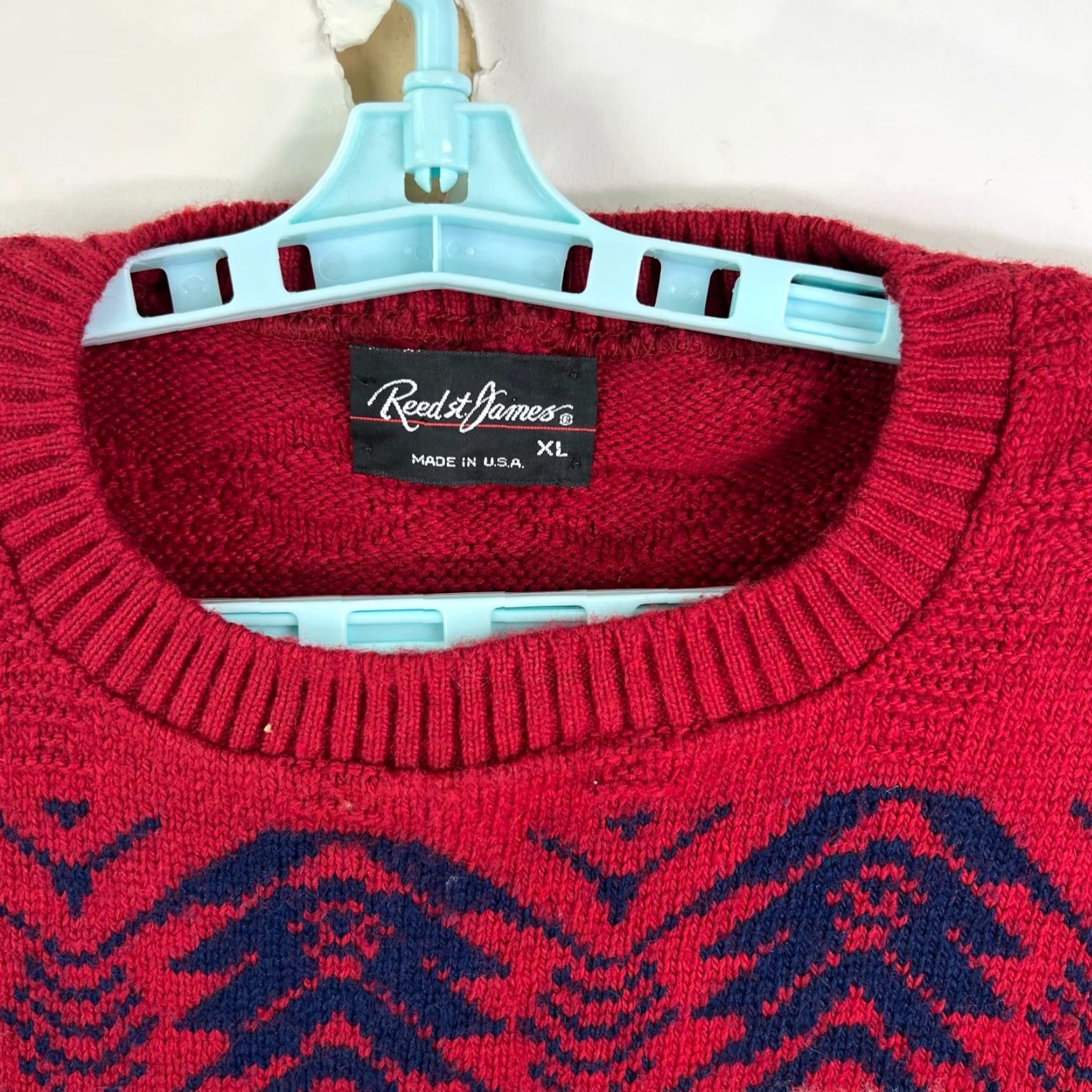 Vintage Reed St. James Mens Sweater Crew Neck Long Sleeve XL Red Geometric Knit 90s Classic Hipster Pullover Knitwear Shirt? Size US XL / EU 56 / 4 - 3 Thumbnail