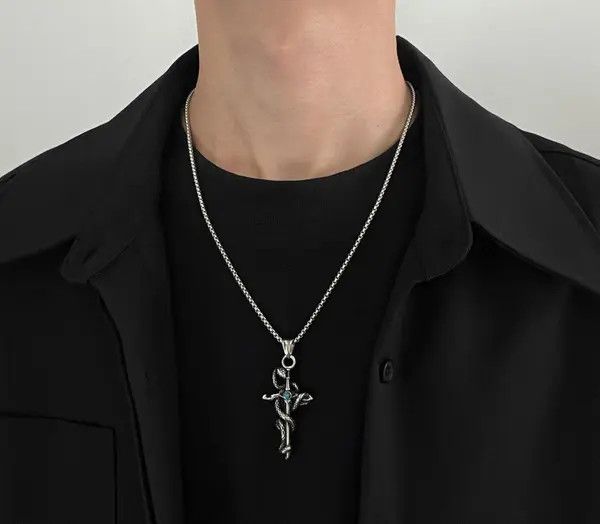 Jewelry Silver Snake & Cross - Blue Gemstone Pendant Necklace Size ONE SIZE - 2 Thumbnail