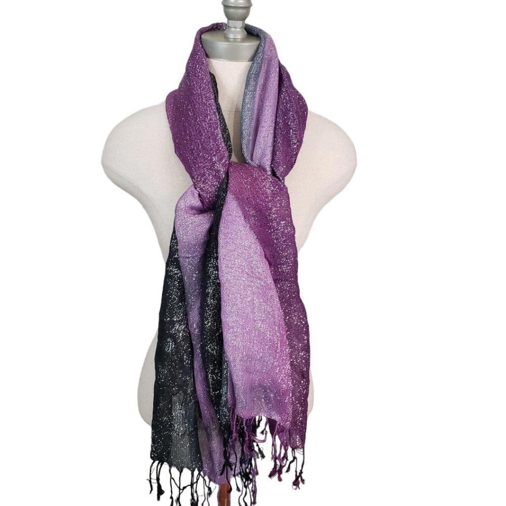 Designer CT840 Purple & Black Shimmer Fringed Ladies Wrap Size ONE SIZE - 1 Thumbnail