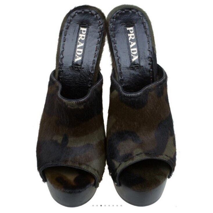 PRADA Green Camouflage Calf Hair Platform Clogs 37.5 GORGEOU