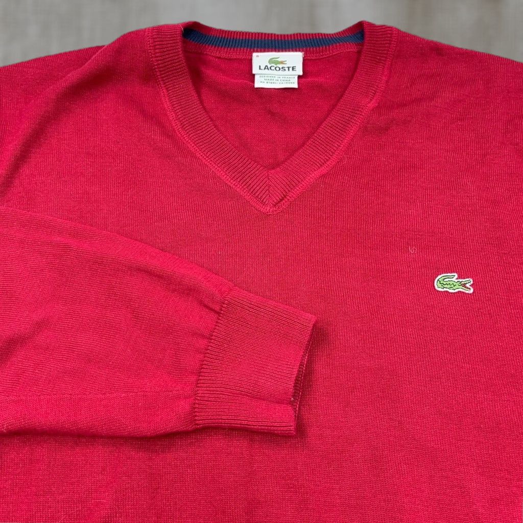 Lacoste Lacoste Sweater Men XL Red V-Neck Lightweight Knit Pullover Logo Zipper Button Embroidered Golf Classic Preppy Sports Size US XL / EU 56 / 4 - 1 Thumbnail