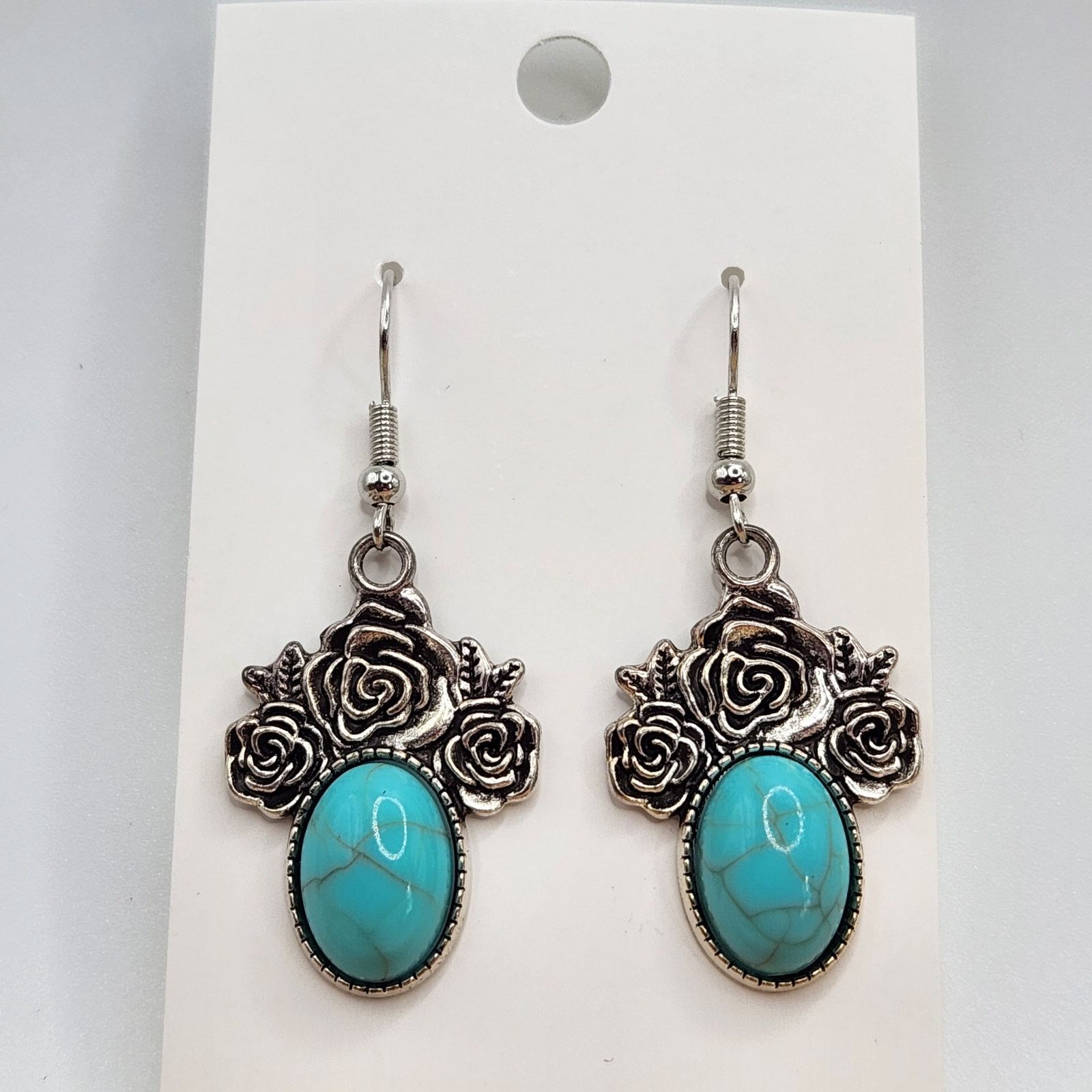 Other Turquoise Stone Rose Dangle Earrings Silver Tone Floral Boho Size ONE SIZE - 3 Thumbnail