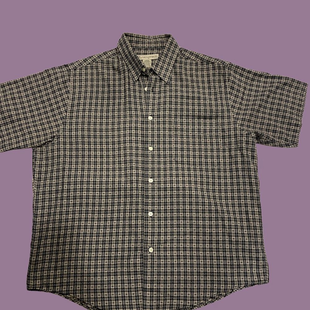 Vintage Munsingwear Button-Up Shirt Mens L Short Sleeve Navy Blue Tan Geometric Casual Button-Down Collared Cotton Size US L / EU 52-54 / 3 - 1 Thumbnail