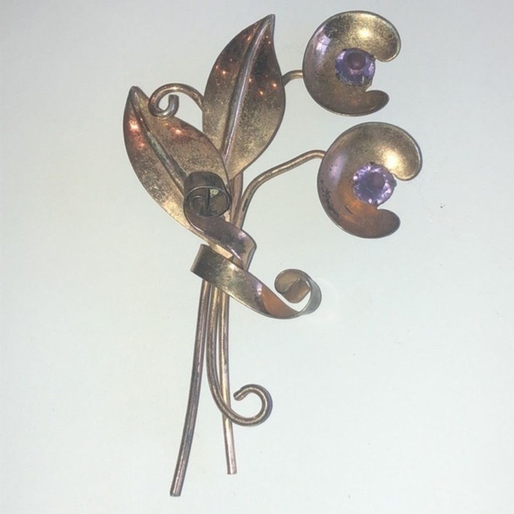Sterling Gold Wash Purple CZ Rhinestone Floral Brooch Pin