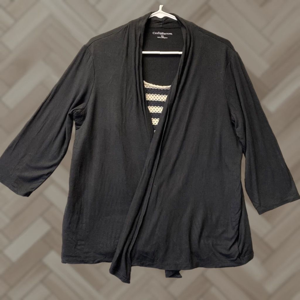Croft & Barrow Croft Barrow Shirt Womens XL Black Collared 3/4 Sleeve Open Front Blouse / 98-50 Size XL / US 12-14 / IT 48-50 - 1 Thumbnail