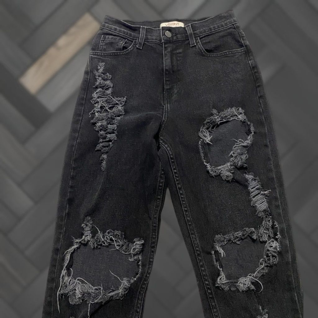 Vintage VIBRANT MIU Jeans Black Distressed Ripped High Rise Straight Leg 3 Juniors Women's USA Made Size 26" / US 2 / IT 38 - 1 Thumbnail