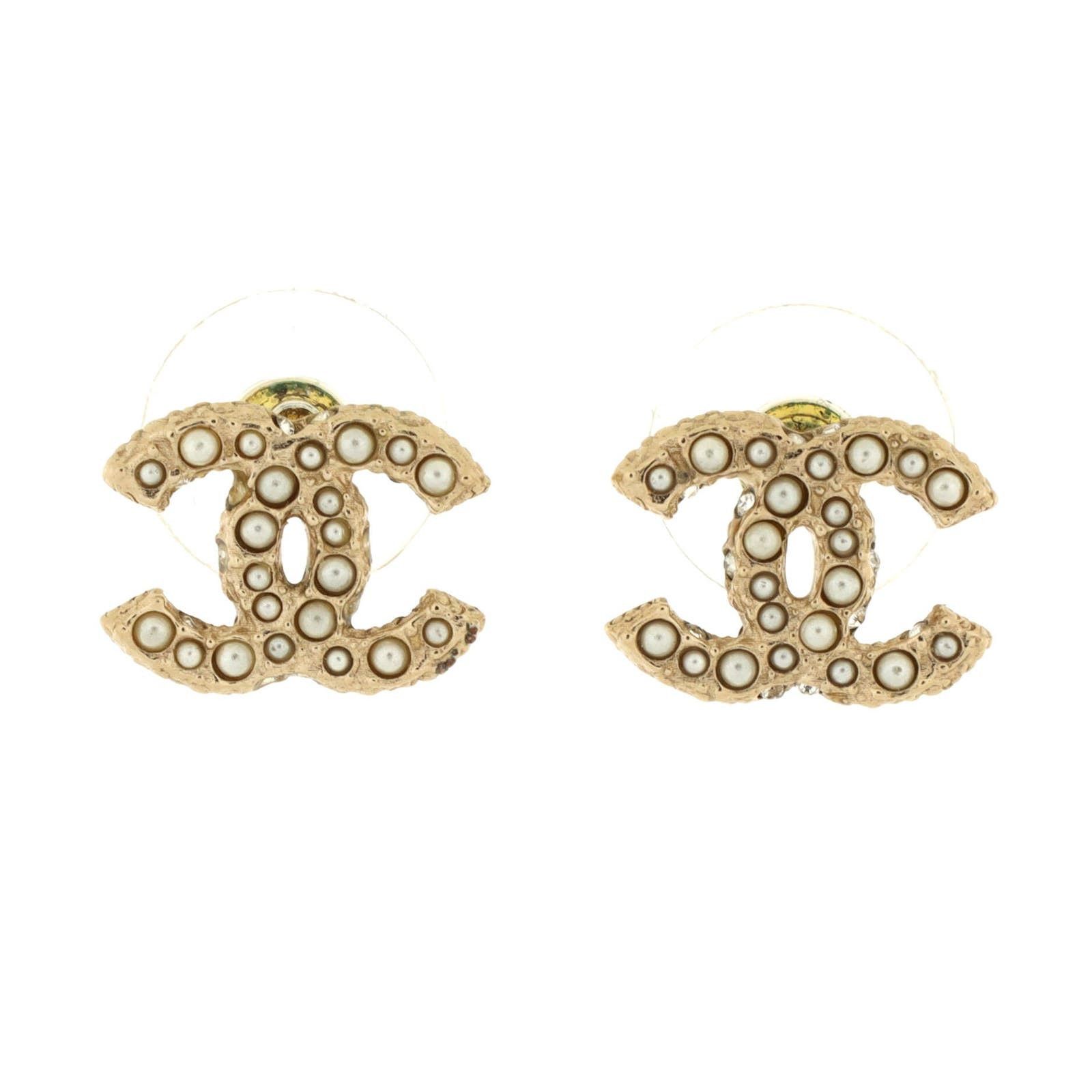 image of Chanel Cc Stud Earrings Metal With Crystals None in Gold, Women's